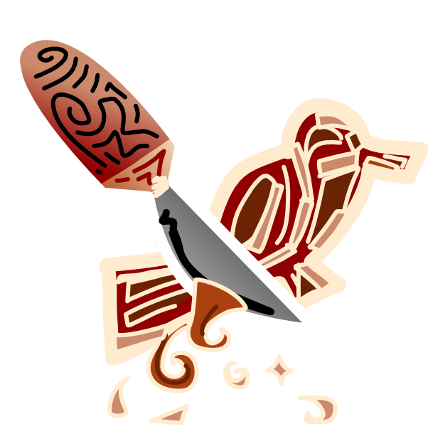 a carved wooden bird with curls of wood coming off the tail where a wooden handled carving knife shaves away at it. Some wood shavings sit scattered below. The image has light line art.